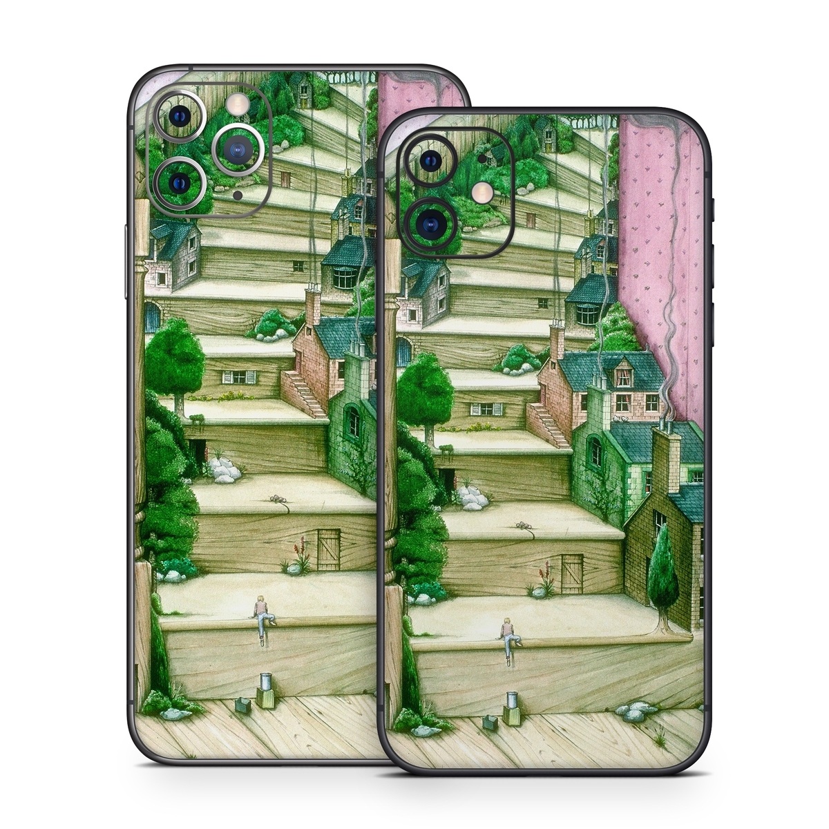iPhone 11 Series Skin design of Green, Stairs, House, Watercolor paint, Home, Illustration, Building, Wood, Plant, Sketch, with pink, green, brown colors