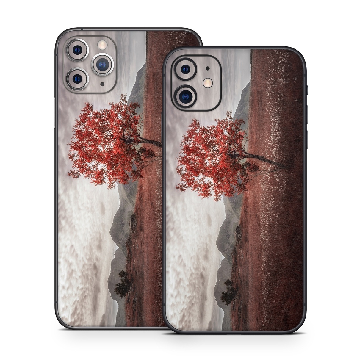iPhone 11 Series Skin design of Natural landscape, Nature, Tree, Sky, Red, Natural environment, Atmospheric phenomenon, Leaf, Cloud, Woody plant, with black, gray, red colors