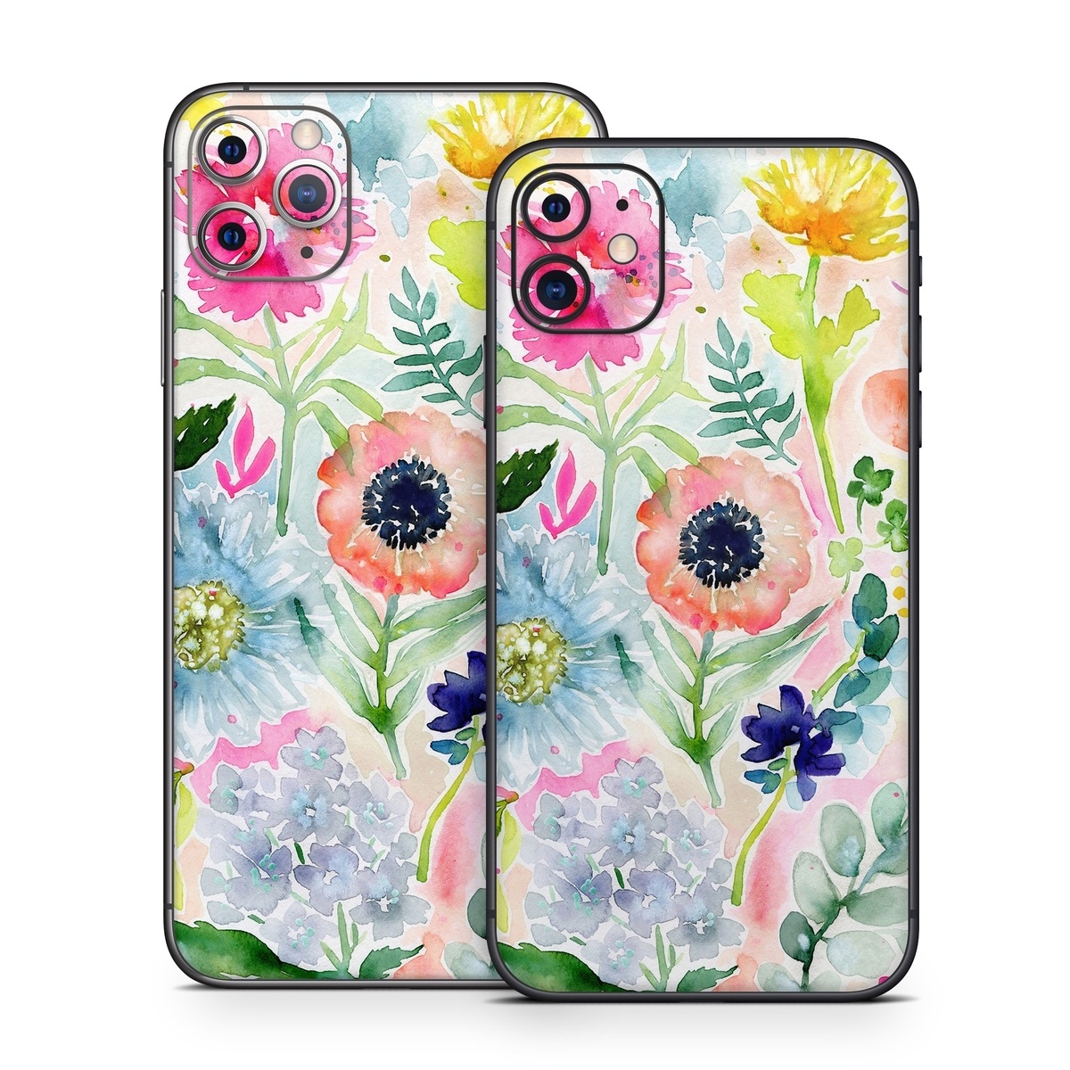 iPhone 11 Series Skin design of Flower, Watercolor paint, Plant, Flowering plant, Pattern, Floral design, Botany, Petal, Wildflower, Design, with green, pink, yellow, orange, blue, red, purple colors