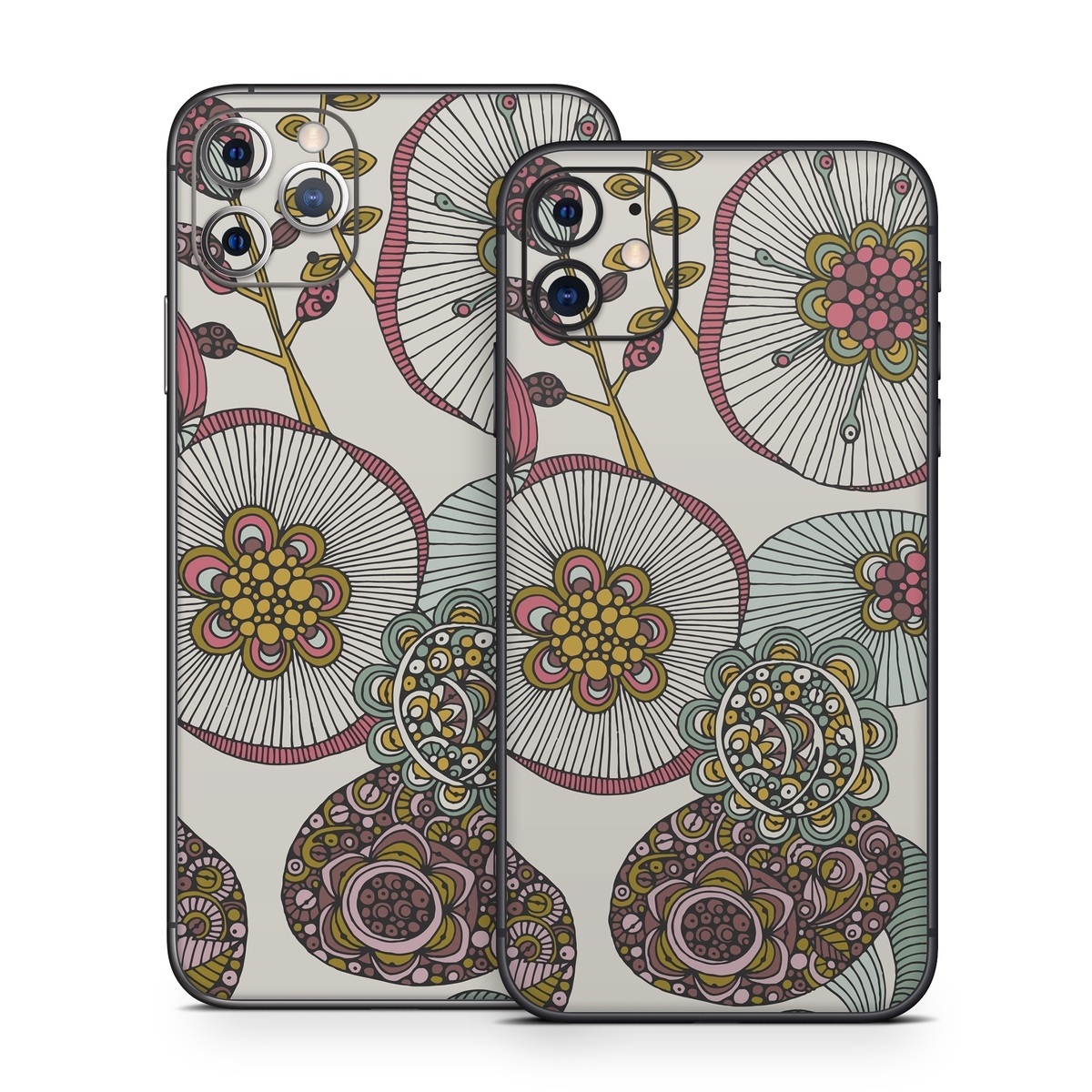 iPhone 11 Series Skin design of Pattern, Textile, Botany, Visual arts, Motif, Design, Needlework, Circle, Floral design, with gray, pink, green, blue, purple colors