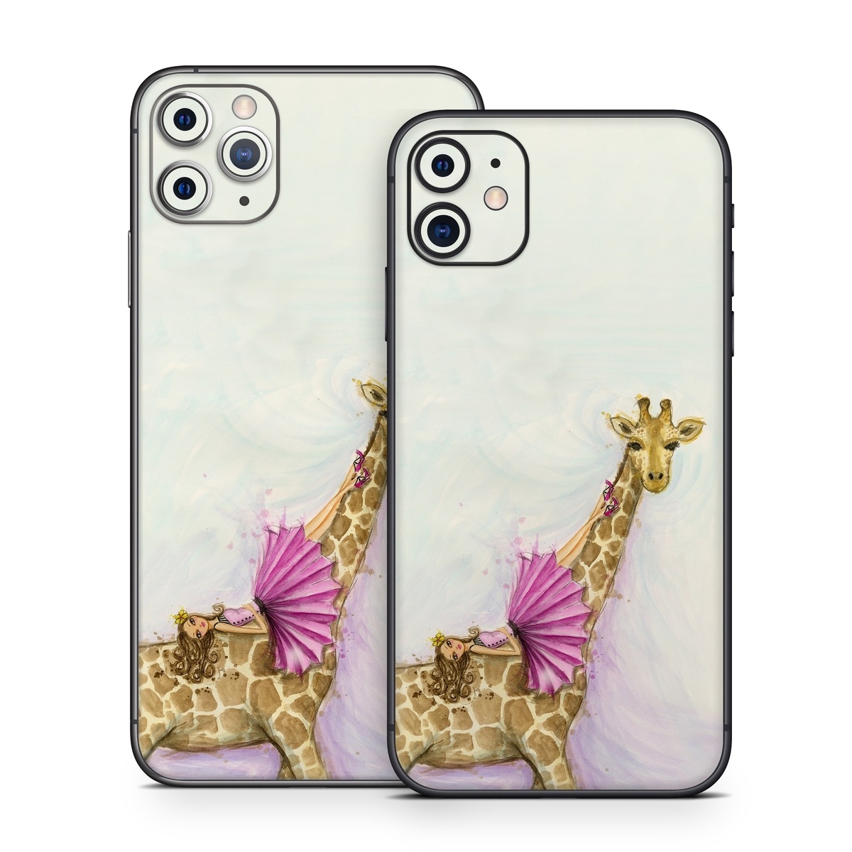 iPhone 11 Series Skin design of Giraffe, Giraffidae, Terrestrial animal, Pink, Wildlife, Snout, Fawn, Illustration, Watercolor paint, Magenta, with blue, brown, orange, pink colors