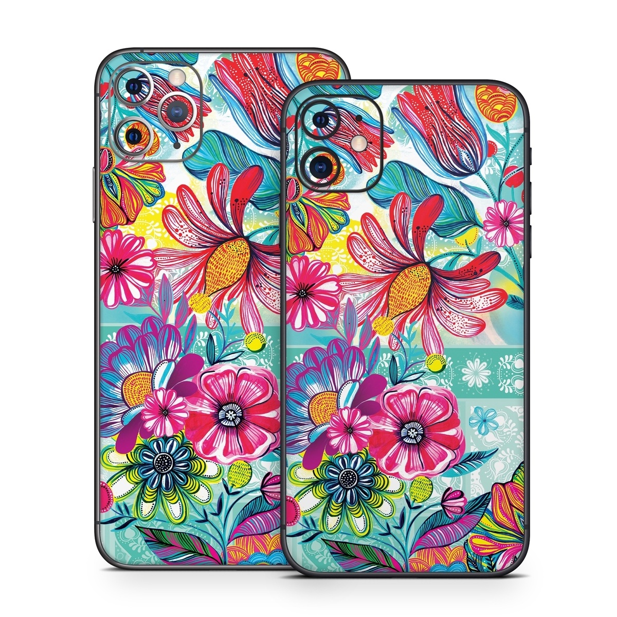 iPhone 11 Series Skin design of Pattern, Floral design, Textile, Pink, Design, Flower, Visual arts, Wildflower, Plant, with blue, pink, purple, red, green, yellow, orange colors