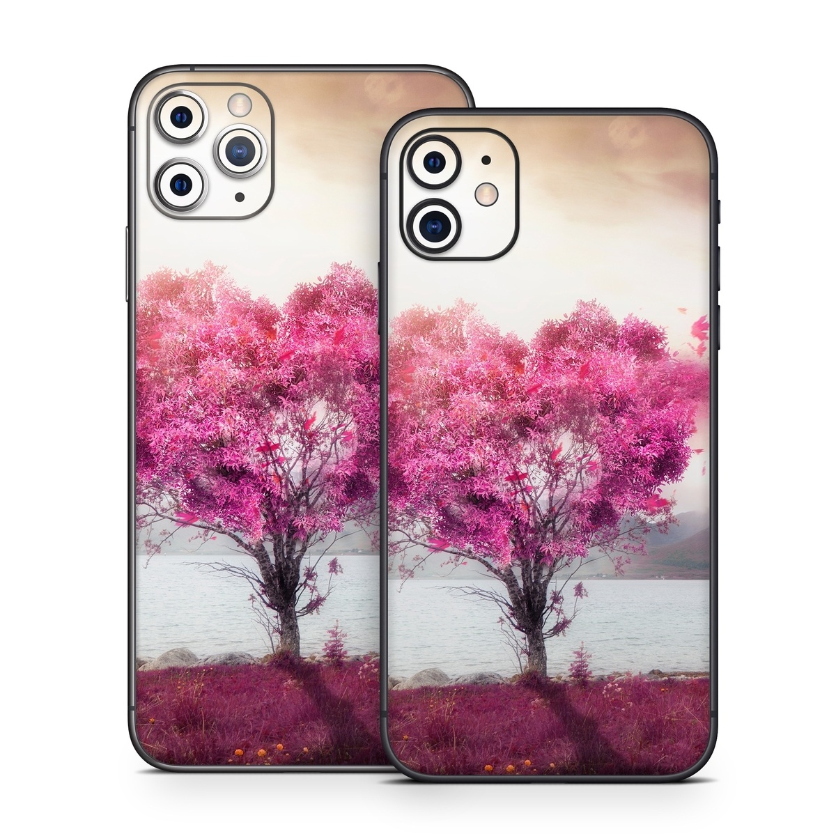 iPhone 11 Series Skin design of Sky, Nature, Natural landscape, Pink, Tree, Spring, Purple, Landscape, Cloud, Magenta, with pink, yellow, blue, black, gray colors