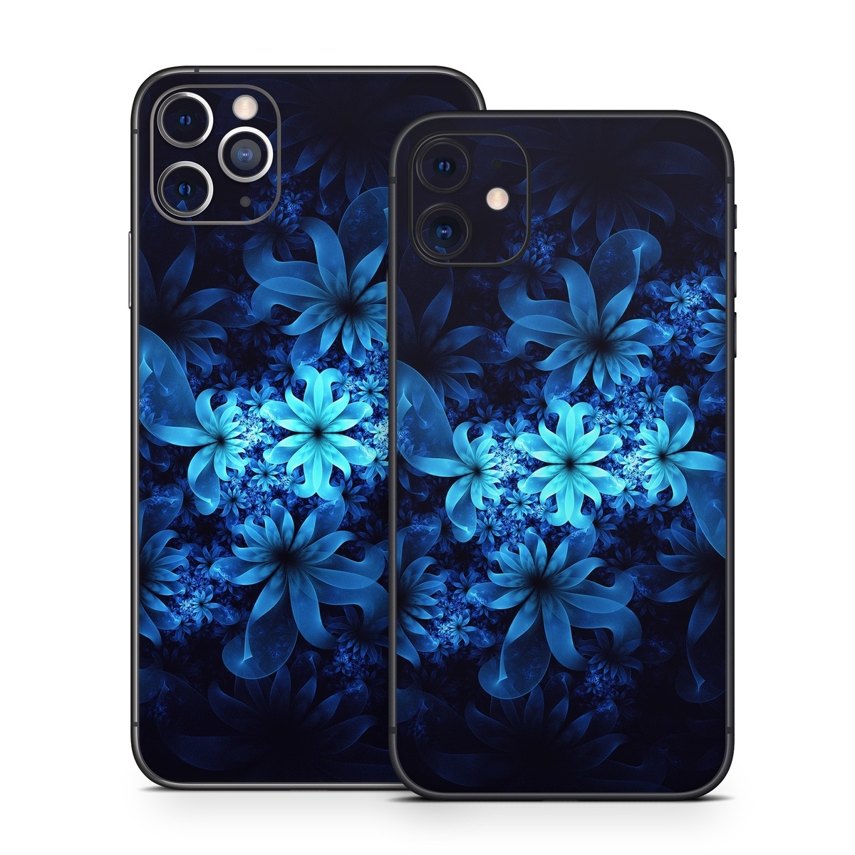 iPhone 11 Series Skin design of Nature, Blue, Petal, Organism, Darkness, Flower, Colorfulness, Electric Blue, Majorelle Blue, Pattern, Botany, Still Life Photography, Space, Aquatic Plant, Fractal Art, Visual Arts, Illustration, Symmetry, Midnight, Wildflower, Painting, Still Life, with black, blue, white colors
