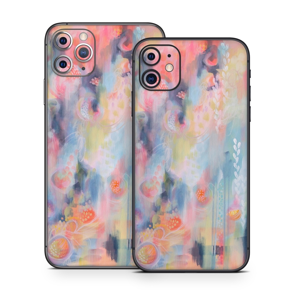 iPhone 11 Series Skin design of Painting, Watercolor paint, Modern art, Acrylic paint, Art, Visual arts, Paint, Artwork, Dye, with blue, pink, orange, yellow, red, white colors
