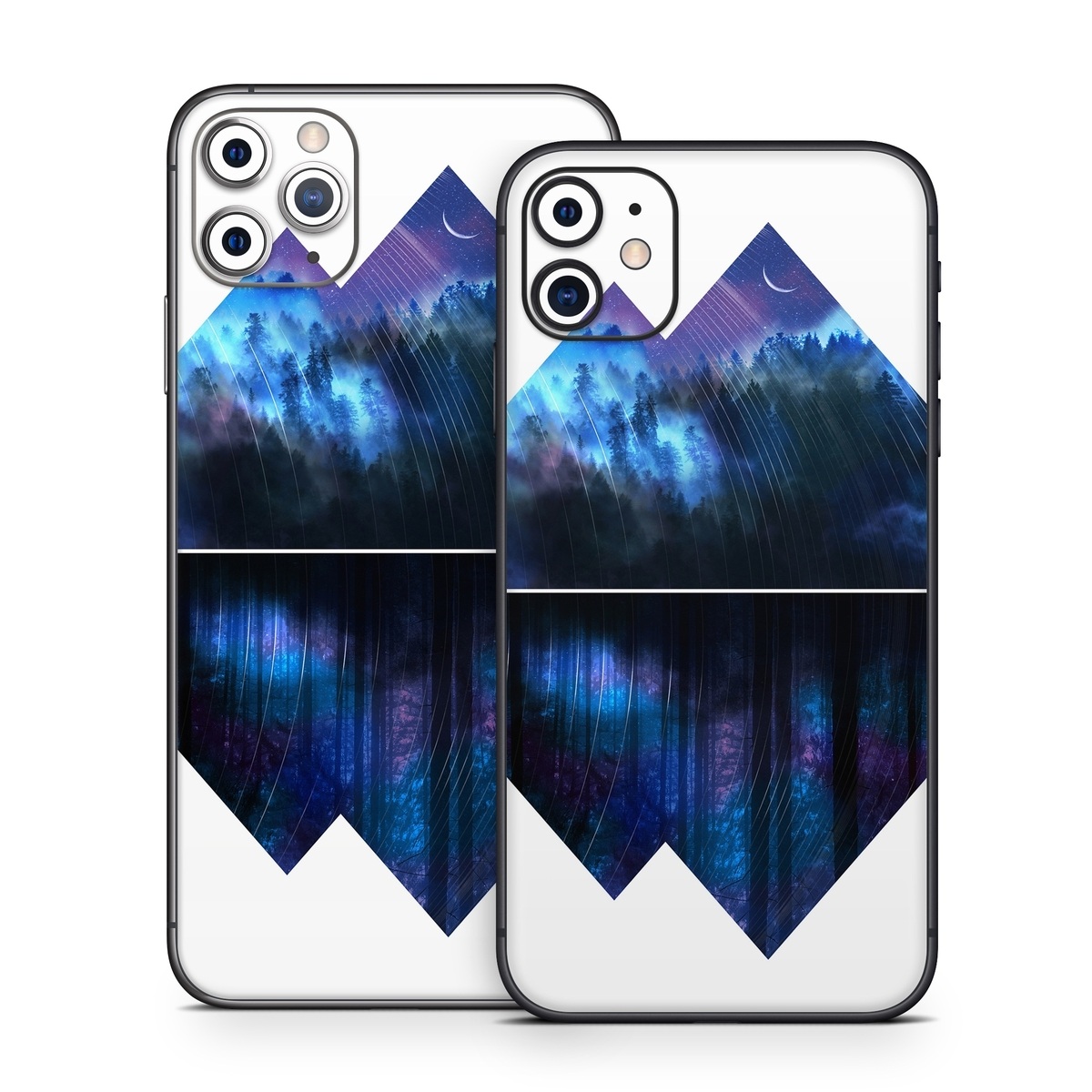 iPhone 11 Series Skin design of Blue, Cobalt blue, Pyramid, Pattern, Electric blue, Design, Fractal art, Sky, Triangle, Space, with white, blue, purple, black colors