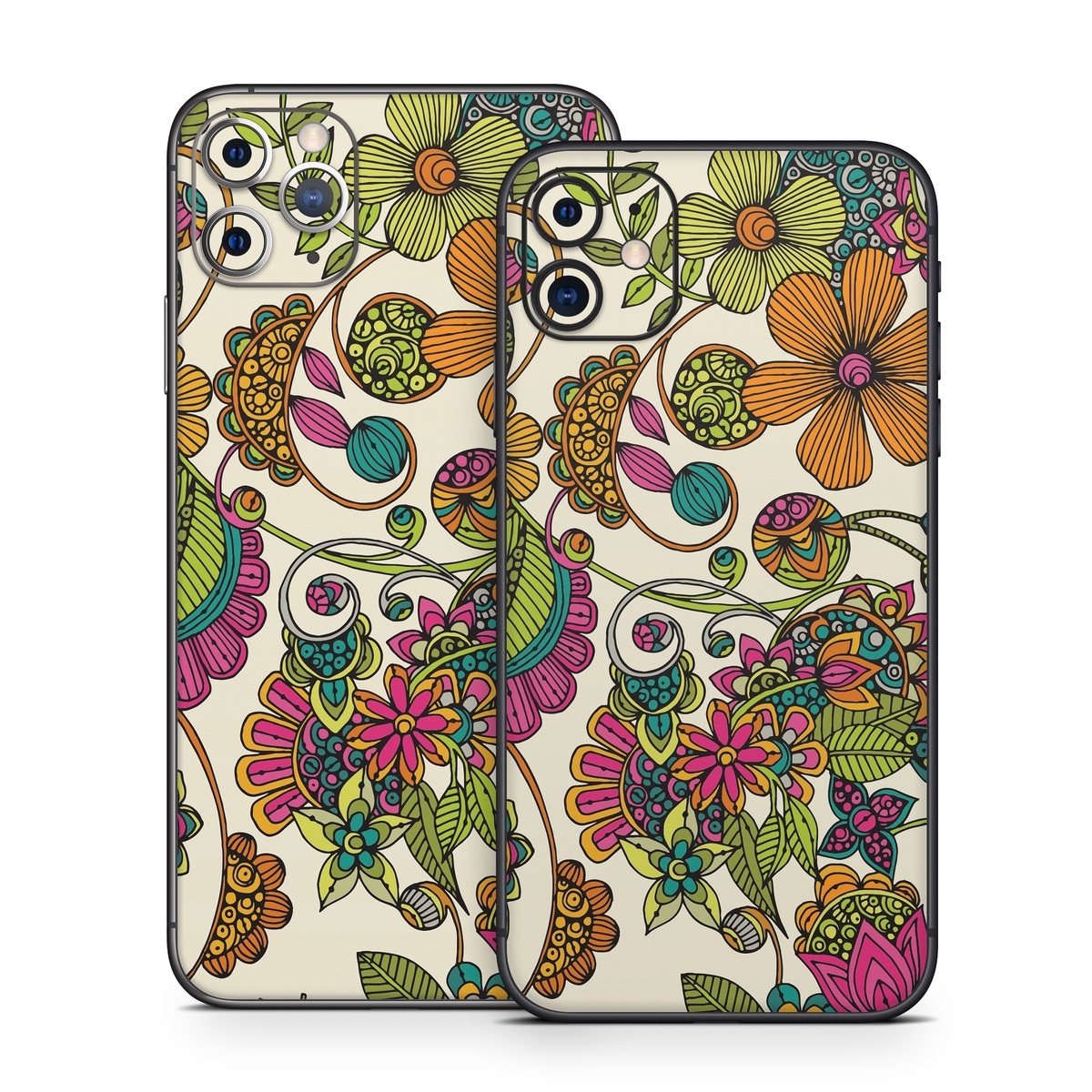 iPhone 11 Series Skin design of Pattern, Floral design, Motif, Design, Visual arts, Botany, Pedicel, Flower, Plant, Textile, with green, pink, orange, blue colors