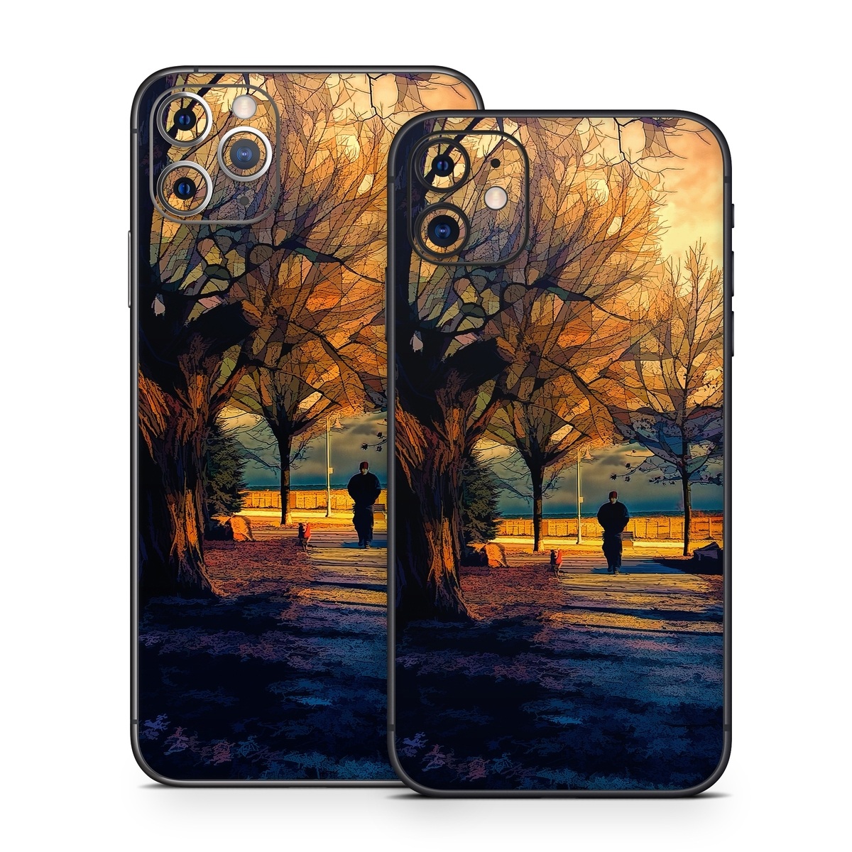 iPhone 11 Series Skin design of Sky, Nature, Natural landscape, Tree, Cloud, Sunset, Evening, Morning, Sunrise, Horizon, with black, brown, yellow, orange, blue colors