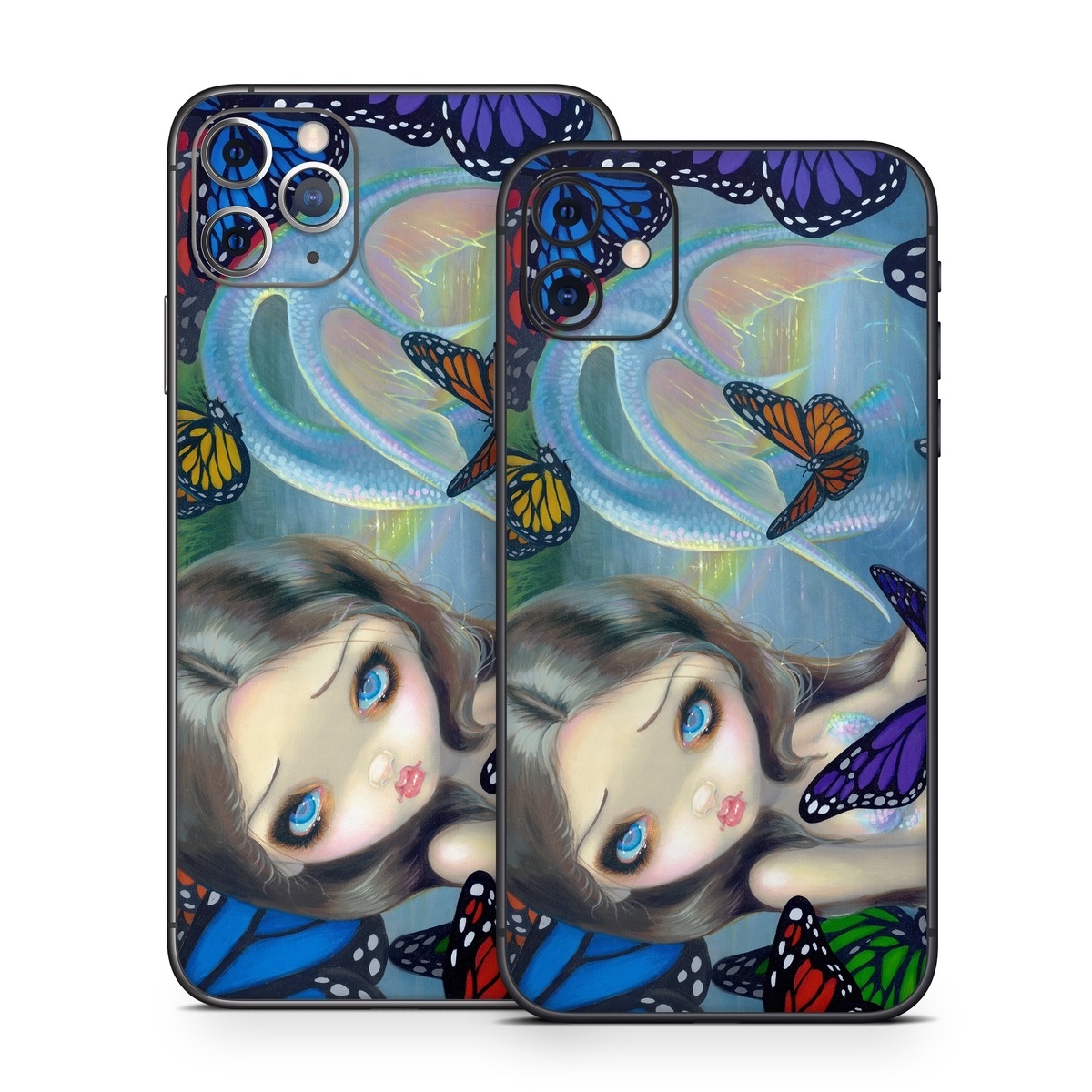 iPhone 11 Series Skin design of Butterfly, Insect, Monarch butterfly, Moths and butterflies, Cynthia (subgenus), Invertebrate, Pollinator, Brush-footed butterfly, Organism, Art, with gray, black, blue, red, pink colors