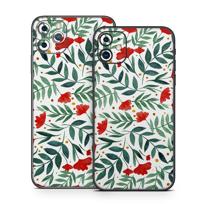 iPhone 11 Series Skin design of Flower, Plant, Textile, Line, Petal, Pattern, Flowering plant, Pedicel, Creative arts, Rectangle, with red, green, orange, white colors