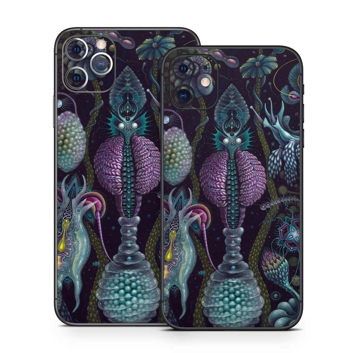 iPhone 11 Series Skin design of Organism, Pattern, Art, Illustration, Fractal art, Psychedelic art, Design, Visual arts, Plant, Modern art, with black, green, purple, pink, yellow, blue colors