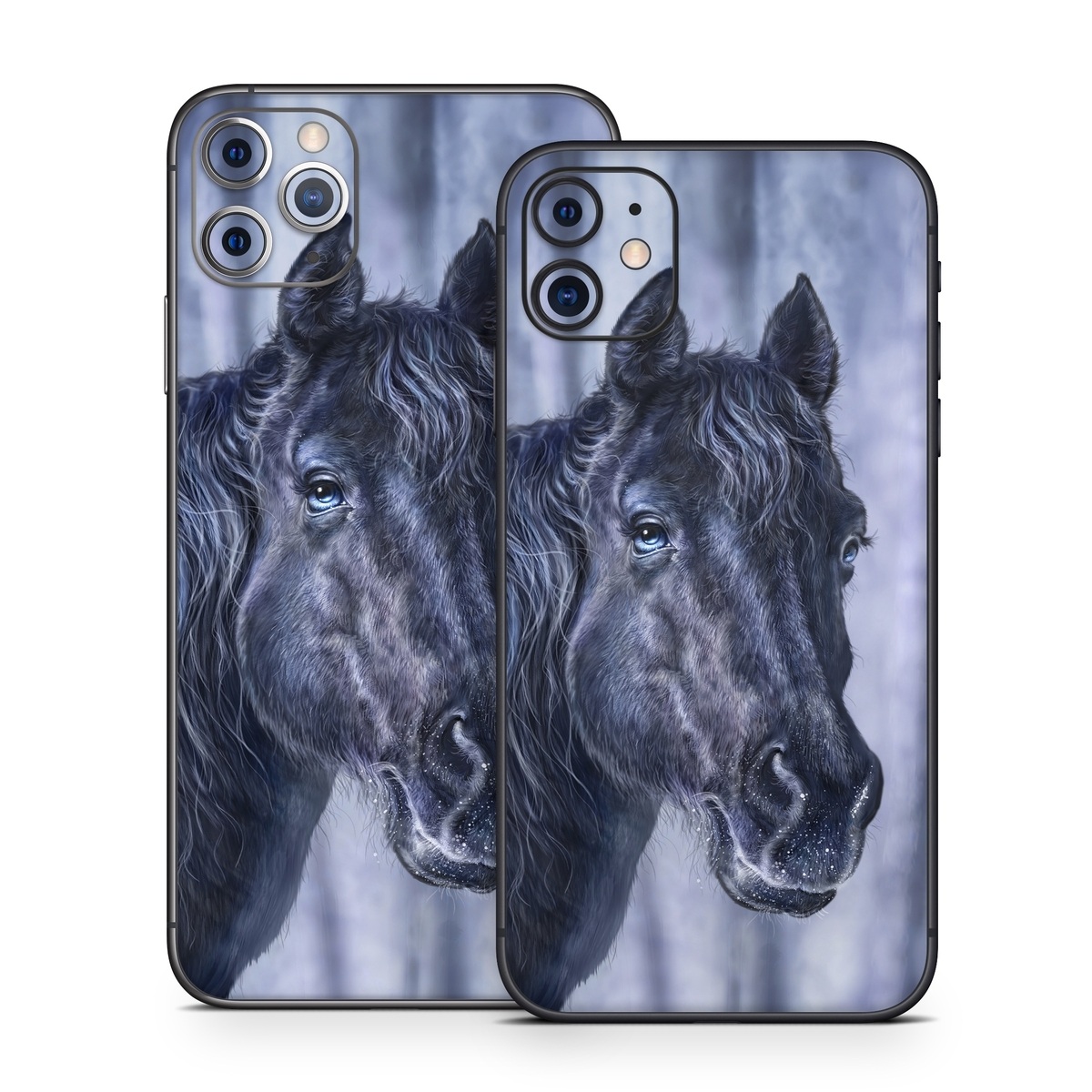 iPhone 11 Series Skin design of Horse, Mammal, Vertebrate, Hair, Mane, Stallion, Snout, Mare, Mustang horse, Livestock, with black, white, blue colors