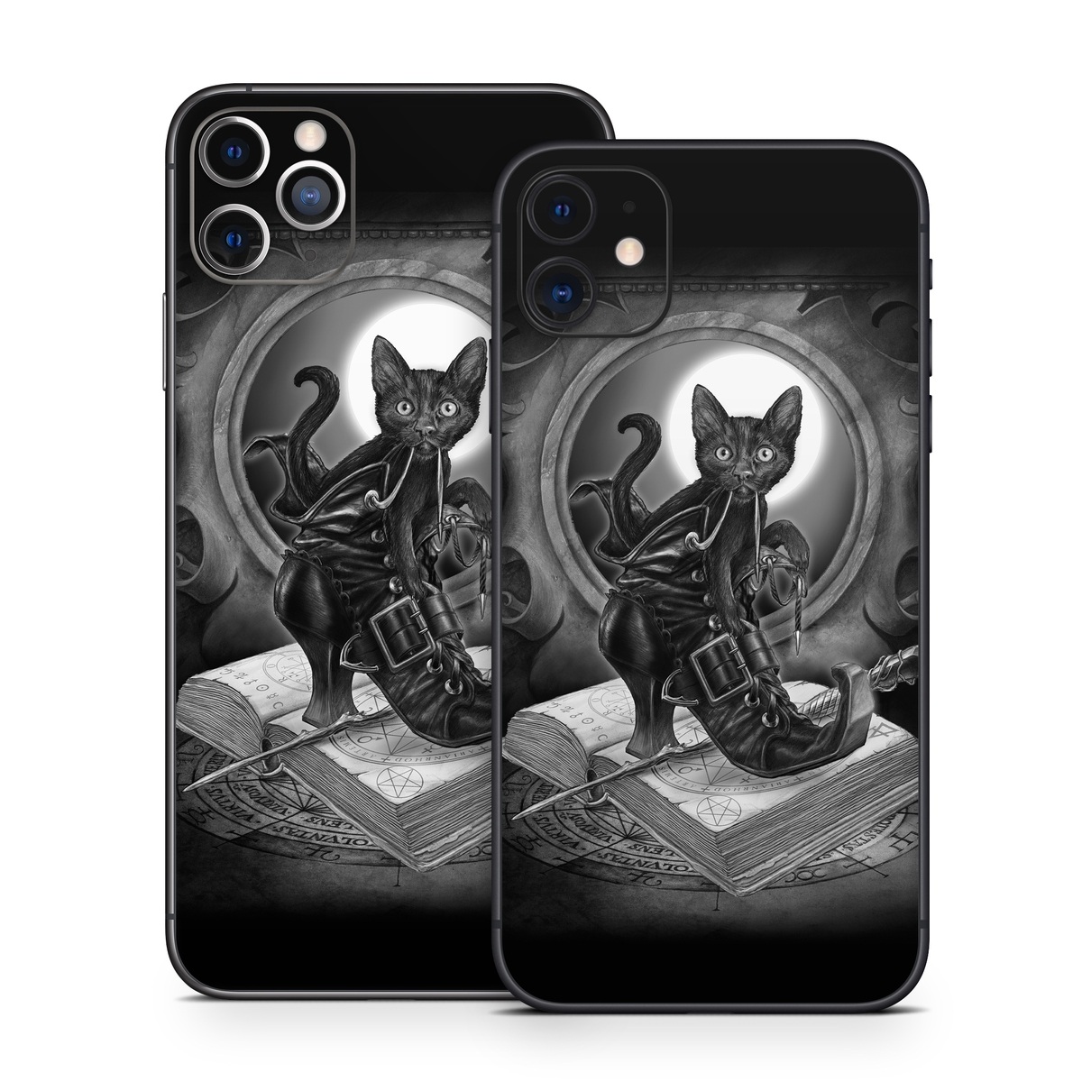 iPhone 11 Series Skin design of Cat, Boot, Book, Wand, Shoelace, Mirror, with black, white, gray colors