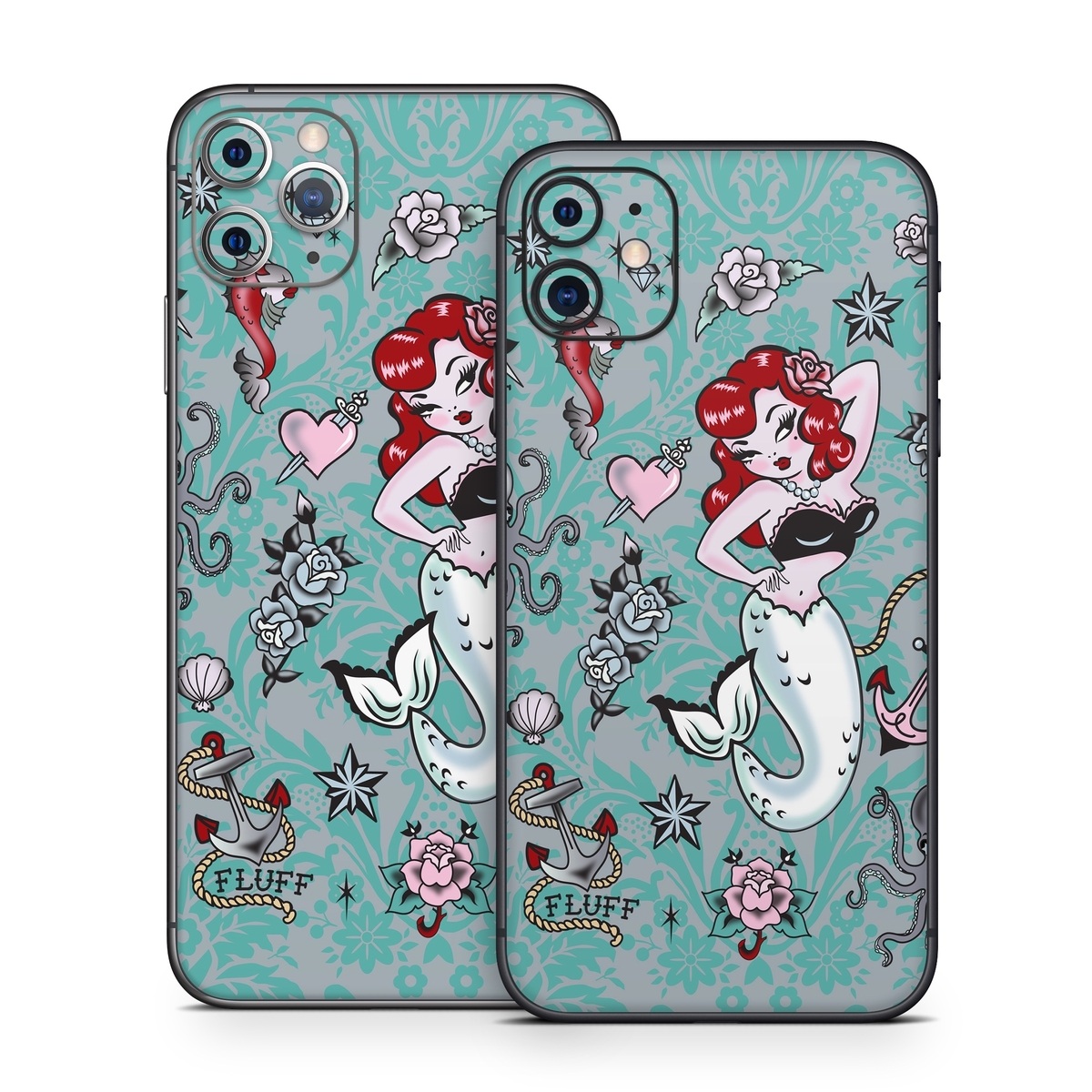 iPhone 11 Series Skin design of Mermaid, Illustration, Fictional character, Organism, Art, Pattern, Style, with gray, blue, black, red, white, pink colors