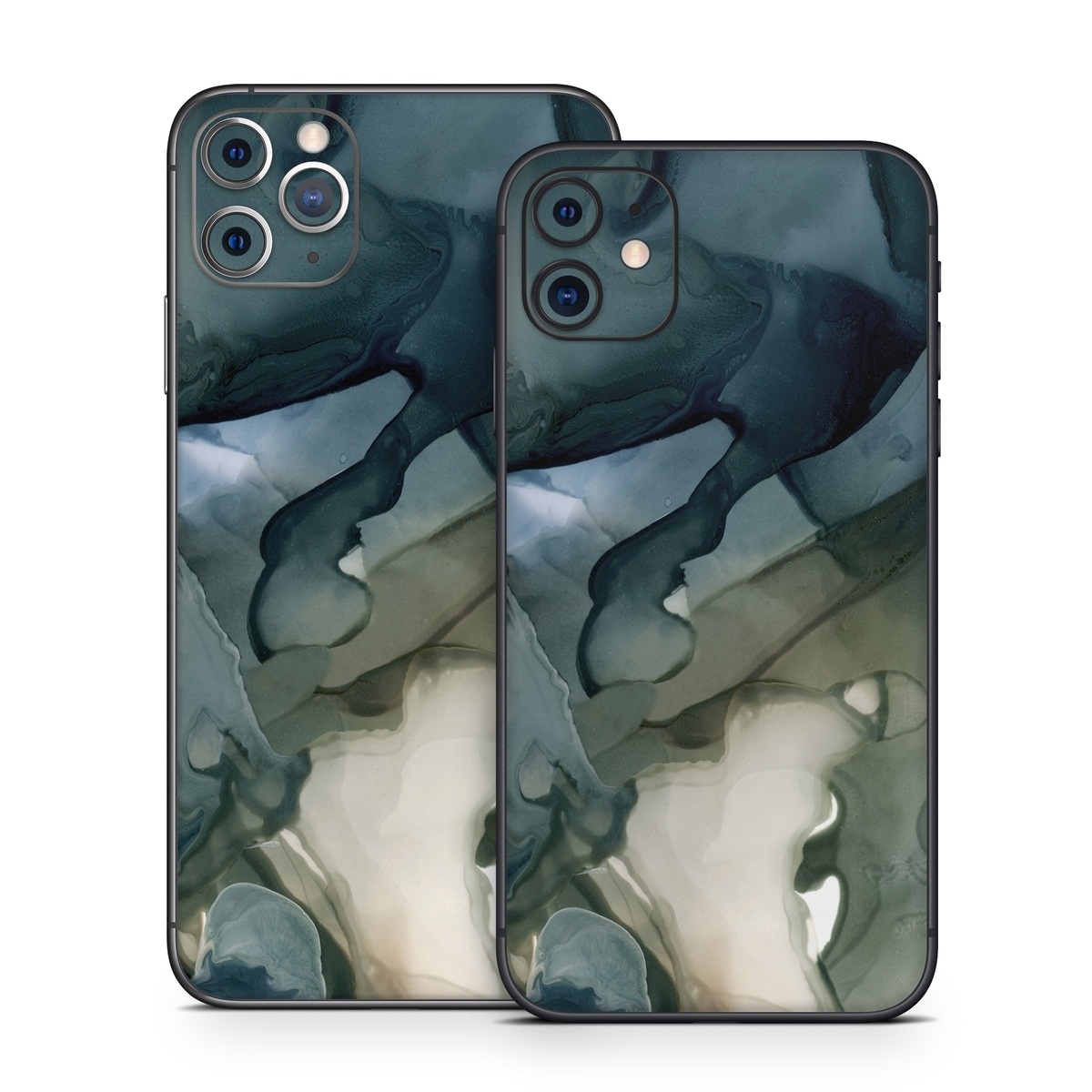 iPhone 11 Series Skin design of Azure, Petal, Organism, Grey, Art, Pattern, Beauty, Painting, Close-up, Tree, with black, blue, green, white colors