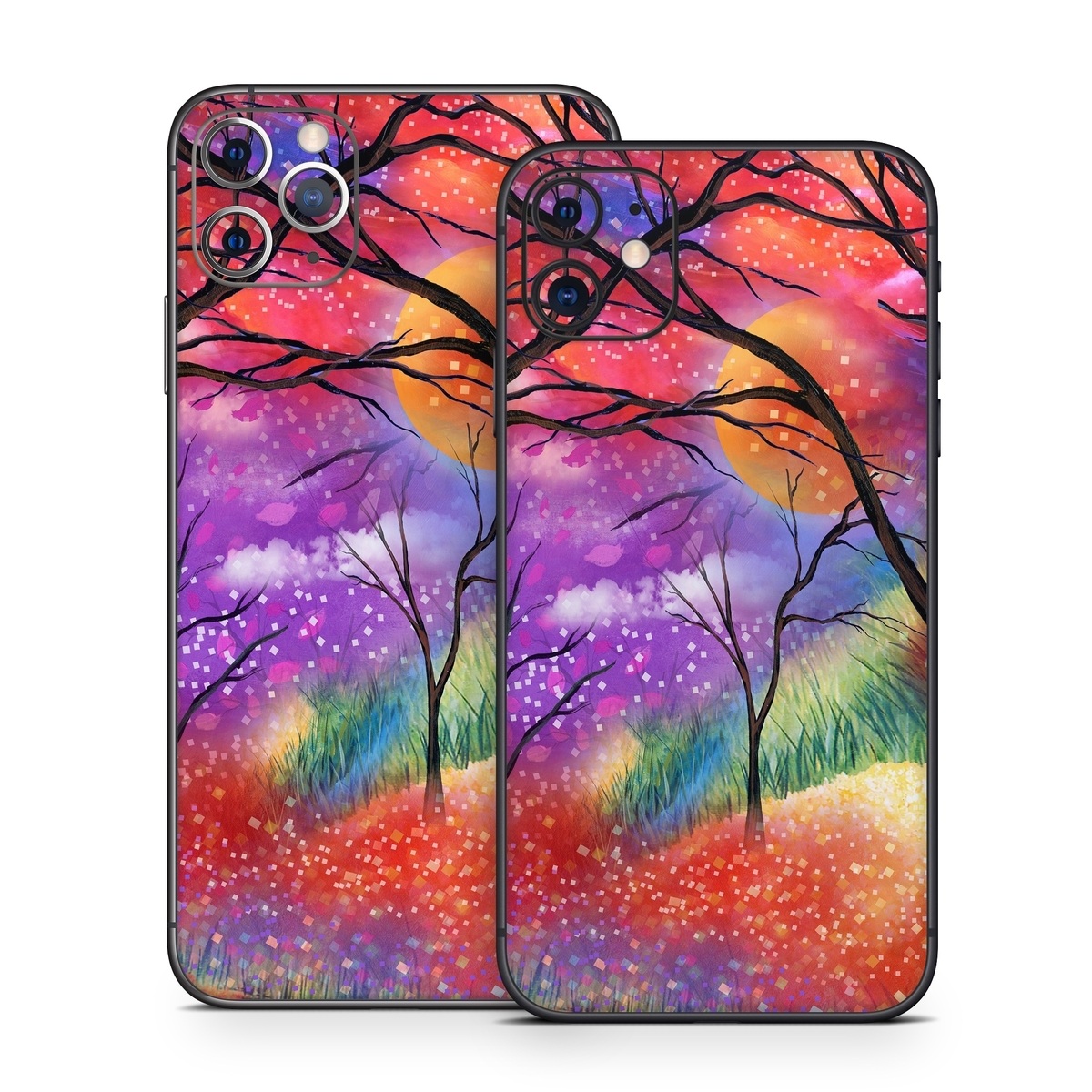iPhone 11 Series Skin design of Nature, Tree, Natural landscape, Painting, Watercolor paint, Branch, Acrylic paint, Purple, Modern art, Leaf, with red, purple, black, gray, green, blue colors
