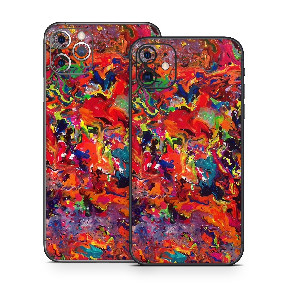 iPhone 11 Series Skin design of Colorfulness, Modern art, Acrylic paint, Painting, Visual arts, Art, Psychedelic art, Textile, Pattern, Paint, with red, yellow, green, orange, yellow colors