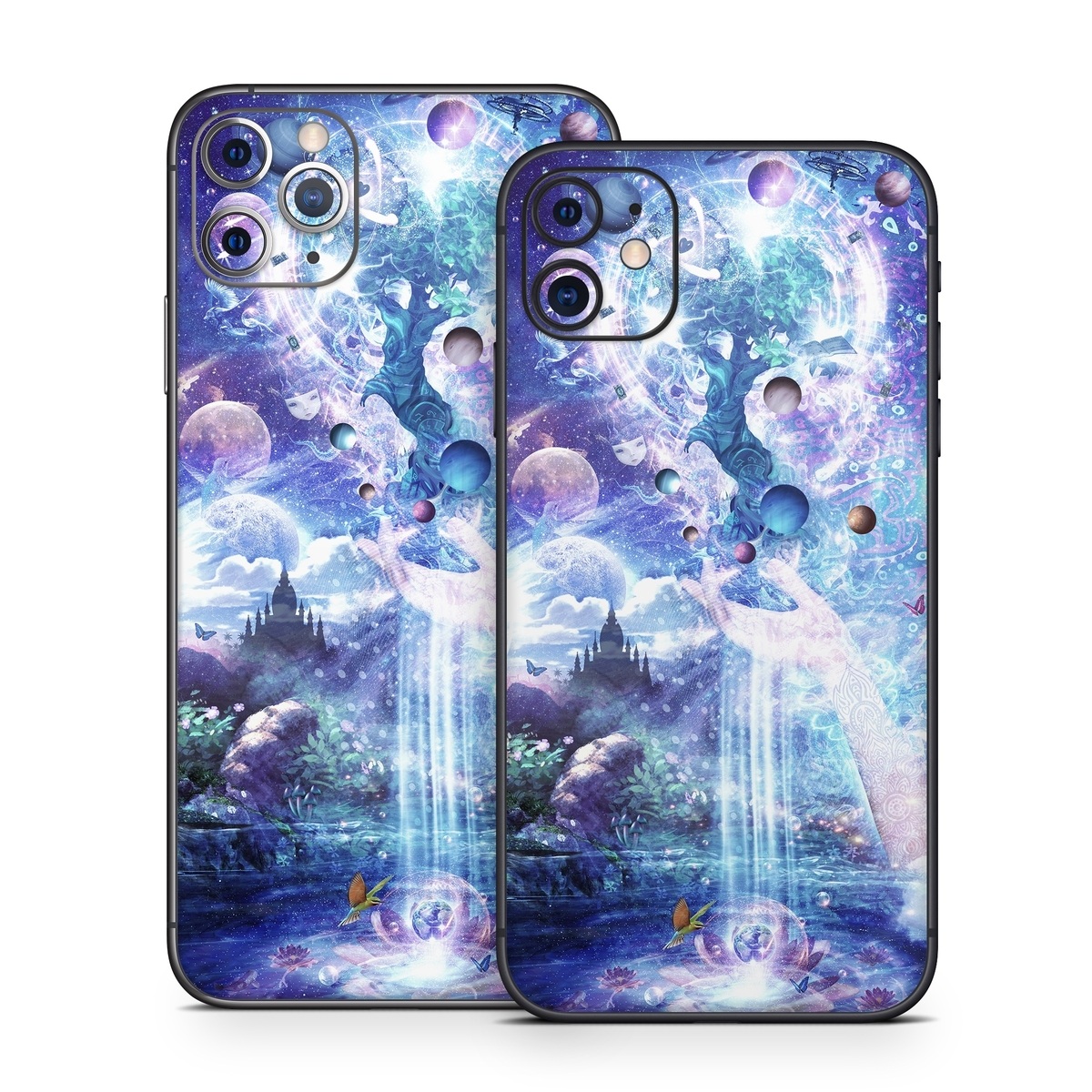 iPhone 11 Skin design of Bird, Butterfly, Planets, Deer, Space, Purple, World, Astronomical Object, Cg Artwork, Illustration, Universe, Painting, Fictional Character, Outer Space, Astronomy, Science, Water Feature, Graphic Design, Graphics, Star, Mythology with blue, purple, white, black, gray, green colors