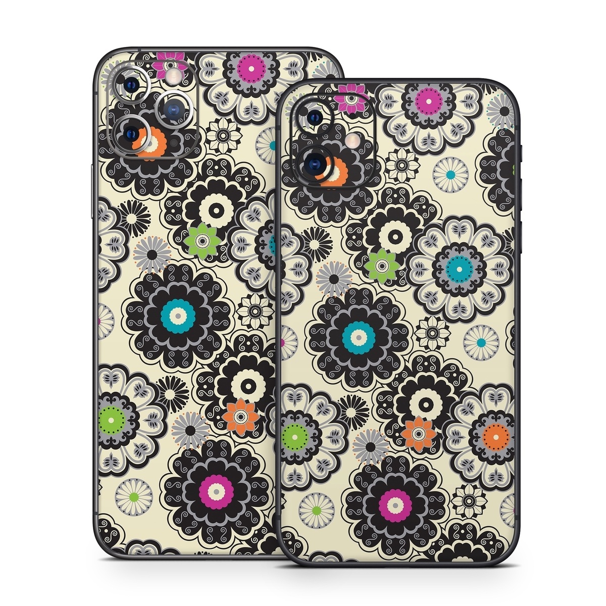 iPhone 11 Series Skin design of Pattern, Circle, Design, Visual arts, Floral design, Textile, Psychedelic art, Art, Plant, with gray, black, pink, green, purple colors