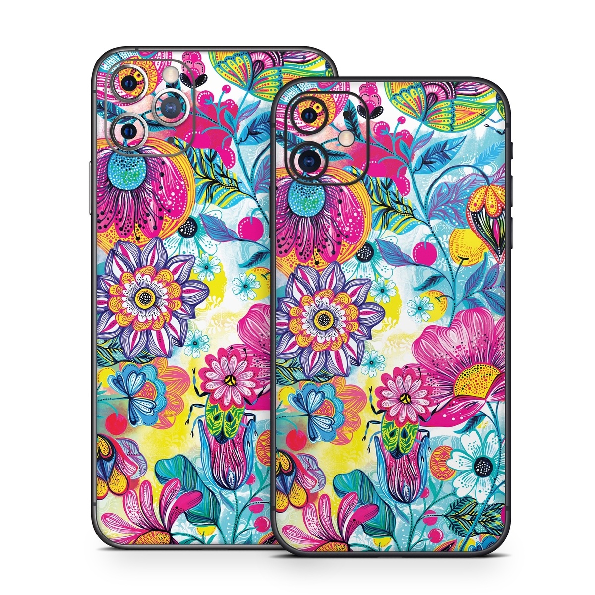 iPhone 11 Series Skin design of Pattern, Floral design, Textile, Design, Flower, Wildflower, Visual arts, Plant, Wrapping paper, with blue, pink, purple, green, yellow, orange, white colors