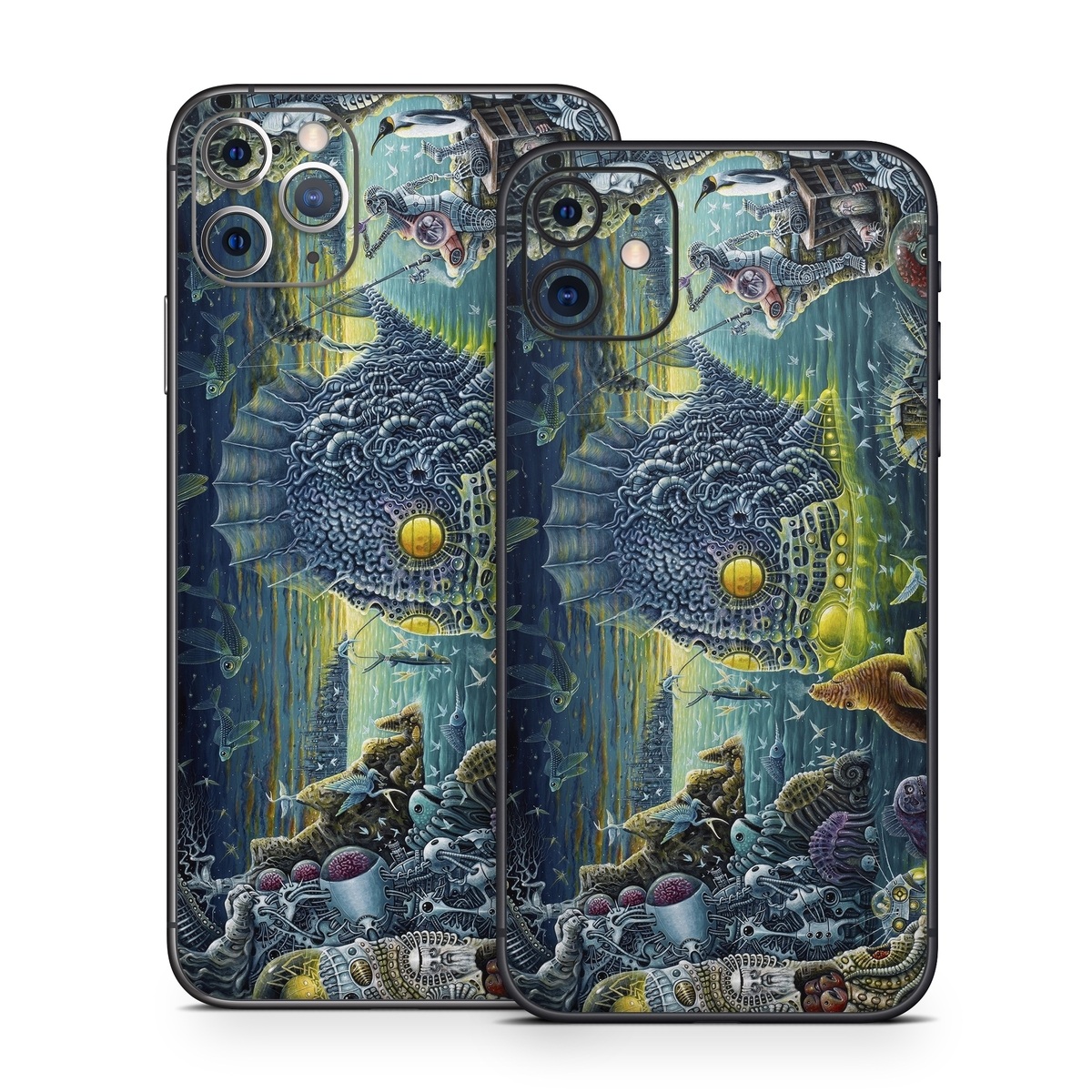 iPhone 11 Series Skin design of Organism, Water, Illustration, Art, Painting, Cg artwork, Fiction, Fictional character, Marine biology, Mythology, with black, gray, blue, green colors