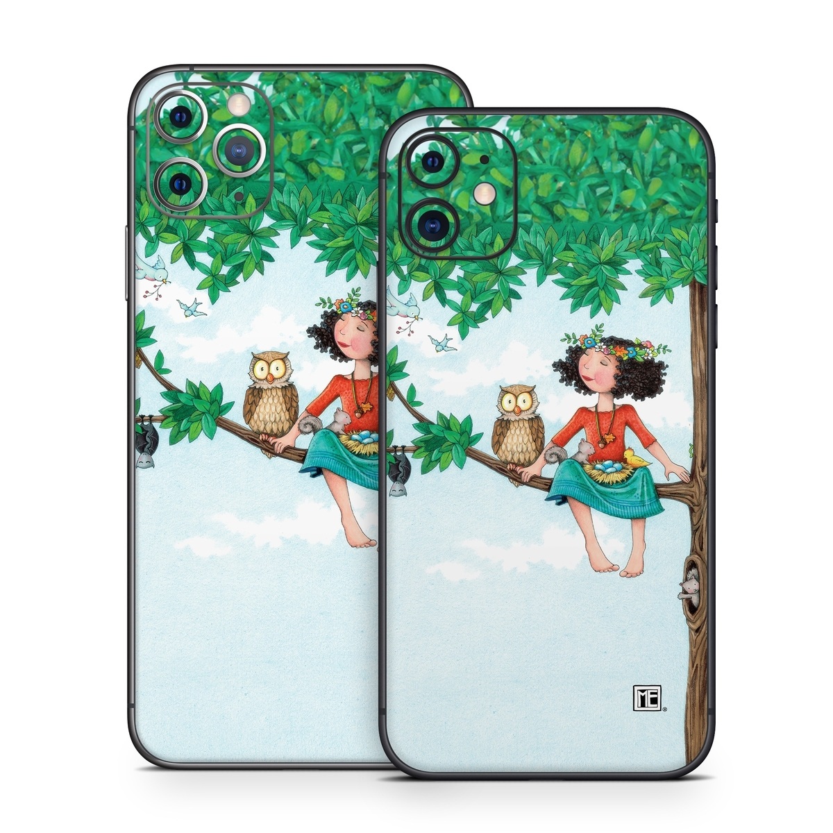 iPhone 11 Series Skin design of Cartoon, Illustration, Branch, Bird, Owl, Tree, Art, Plant, Clip art, Fictional character, with blue, gray, red, black, white, green colors