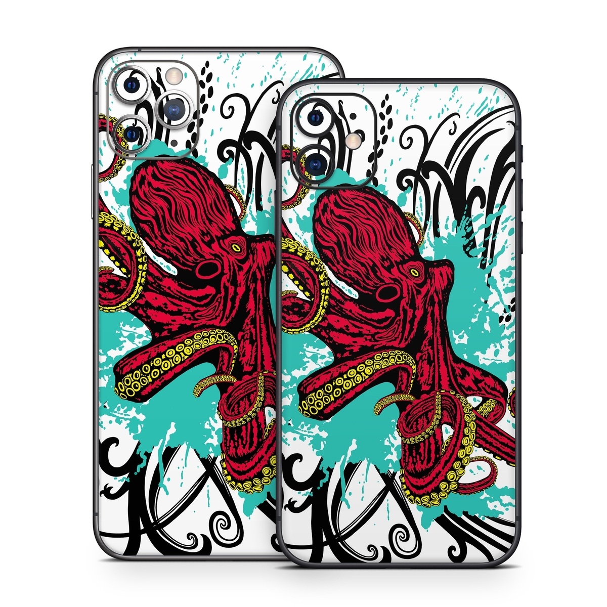 iPhone 11 Series Skin design of Graphic design, Illustration, Visual arts, Octopus, Design, Art, Fictional character, Pattern, Clip art, Line art, with black, white, gray, red, blue, green colors