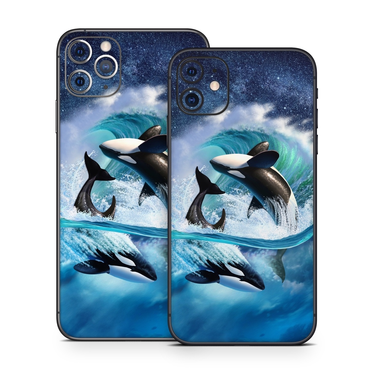 iPhone 11 Series Skin design of Dolphin, Short-beaked common dolphin, Sky, Cetacea, Killer whale, Marine mammal, Water, Illustration, Bottlenose dolphin, Common bottlenose dolphin, with black, blue, white, green colors