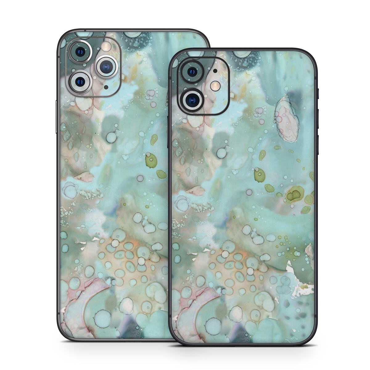 iPhone 11 Series Skin design of Aqua, Blue, Green, Watercolor paint, Pattern, Turquoise, Organism, Design, Art, Painting, with blue, green, pink colors