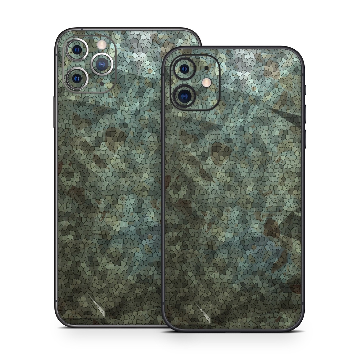 iPhone 11 Series Skin design of Green, Pattern, Brown, Wall, Design, Rock, Geology, Camouflage, Granite, Metal, with black, brown, blue, gray, white colors