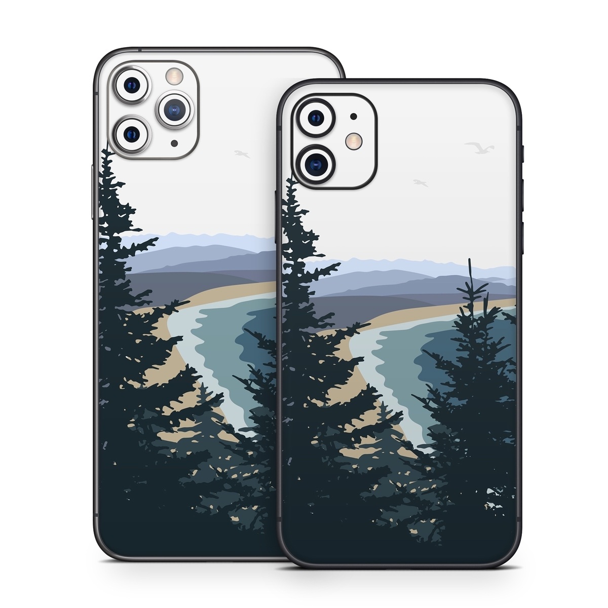 iPhone 11 Series Skin design of Sky, Plant, Mountain, Natural landscape, Branch, Larch, Tree, Highland, Atmospheric phenomenon, Evergreen, with white, blue, yellow, gray, black, green colors