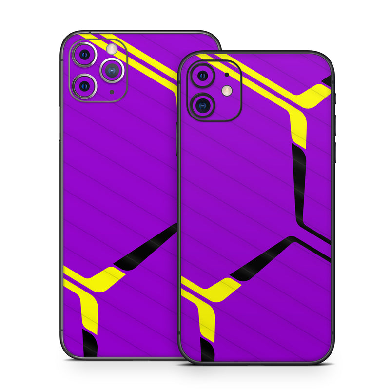 iPhone 11 Series Skin design of Colorfulness, Purple, Violet, Line, Magenta, Parallel, Symmetry, Pattern, Electric blue, Font, with purple, yellow, black colors