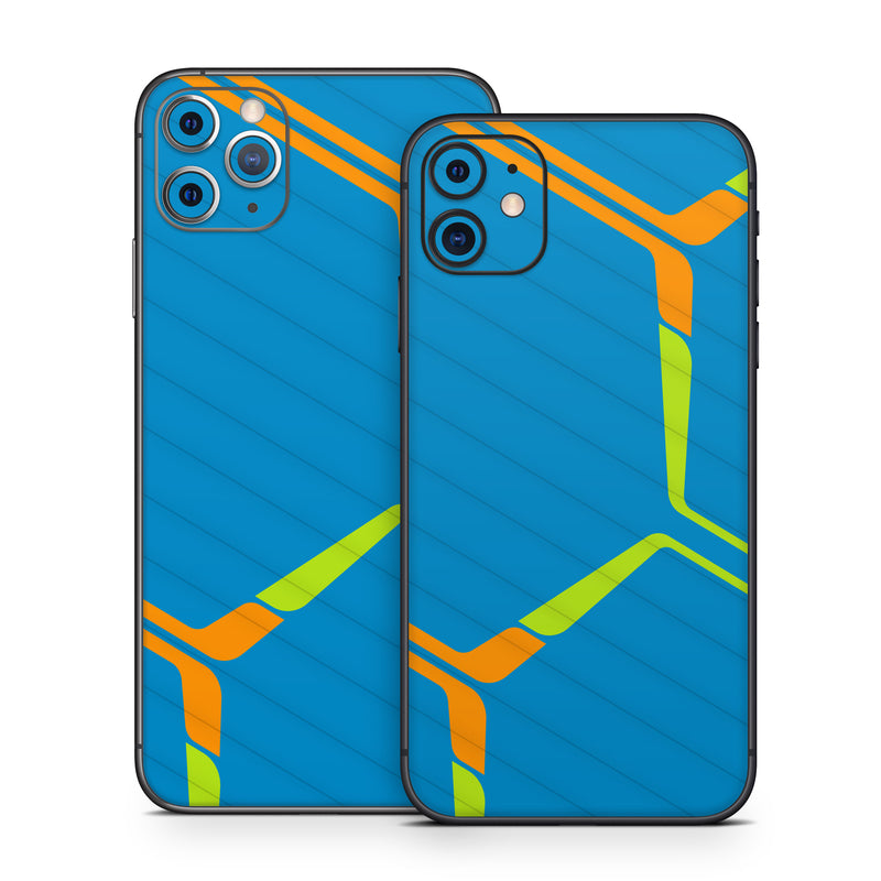 iPhone 11 Series Skin design of Azure, Triangle, Rectangle, Parallel, Electric blue, Symmetry, Font, Pattern, Circle, Sky, with blue, orange, green colors