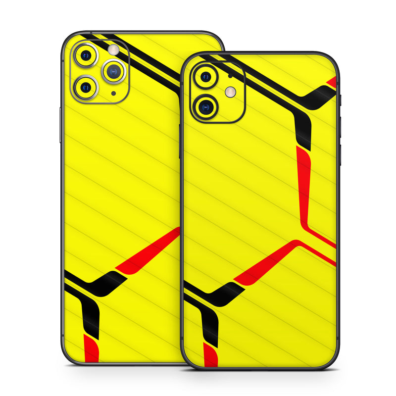 iPhone 11 Series Skin design of Rectangle, Yellow, Parallel, Font, Tints and shades, Wood, Triangle, Pattern, Graphics, Symmetry, with yellow, black, red colors