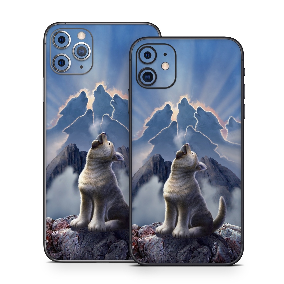 iPhone 11 Series Skin design of Sky, Cloud, Atmosphere, Rock, Wolf, Photography, Cg artwork, Illustration, Mountain, Mythology, with white, blue, gray, brown colors
