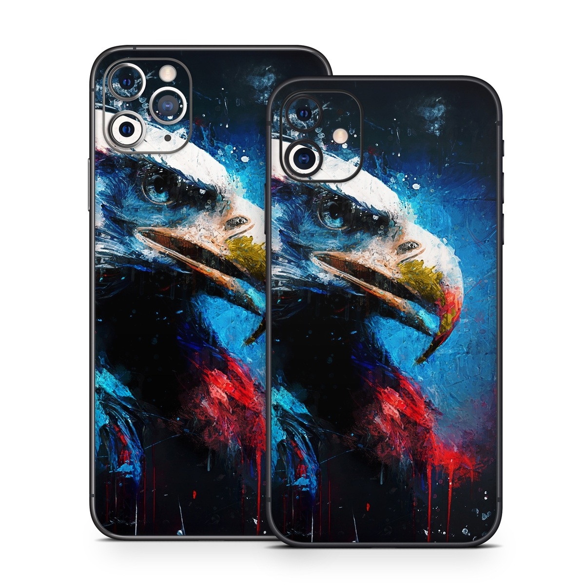 iPhone 11 Series Skin design of Bird, Beak, Organism, Art, Feather, Paint, Painting, Accipitridae, Bird of prey, Electric blue, with blue, red, white, black, gray, yellow colors