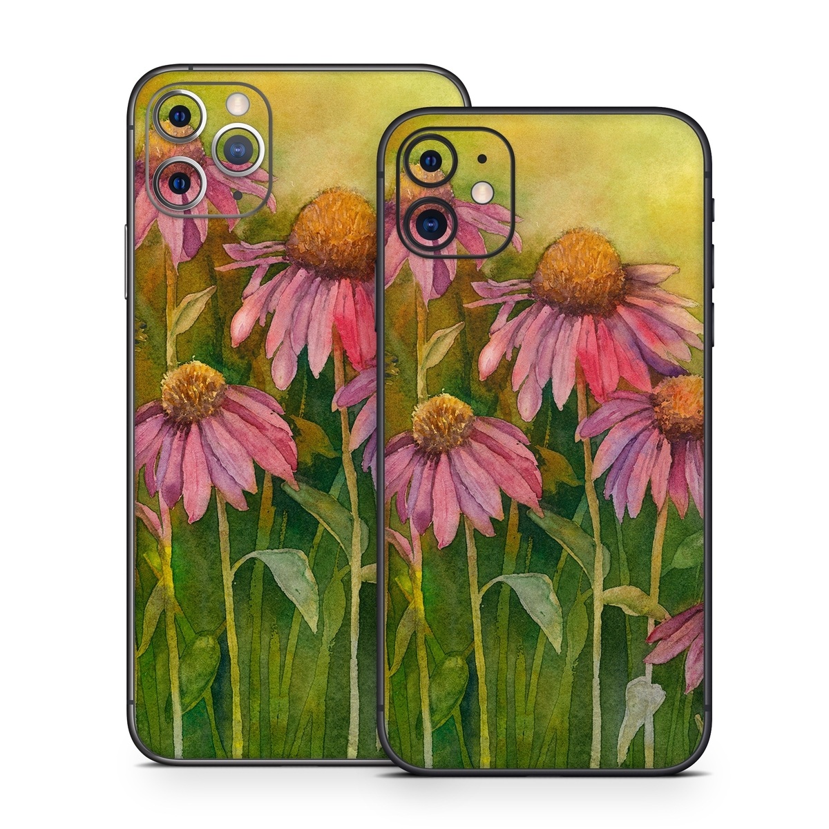 iPhone 11 Series Skin design of Flowering plant, Purple coneflower, Coneflower, Flower, Plant, Watercolor paint, Wildflower, black-eyed susan, Petal, Daisy family, with black, green, red, gray, purple colors