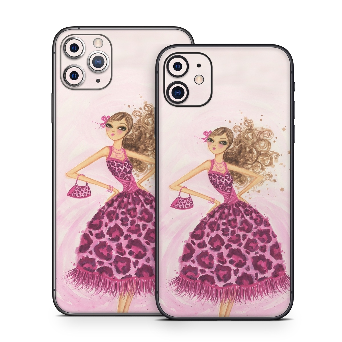 iPhone 11 Series Skin design of Pink, Doll, Dress, Fashion illustration, Barbie, Fashion design, Illustration, Gown, Costume design, Toy, with pink, gray, red, purple, green colors