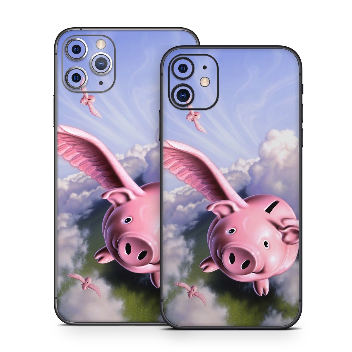 iPhone 11 Series Skin design of Cloud, Sky, Happy, Pink, Bird, Art, Wing, Snout, Wind, Fictional character, with pink, white, blue, gray, green colors