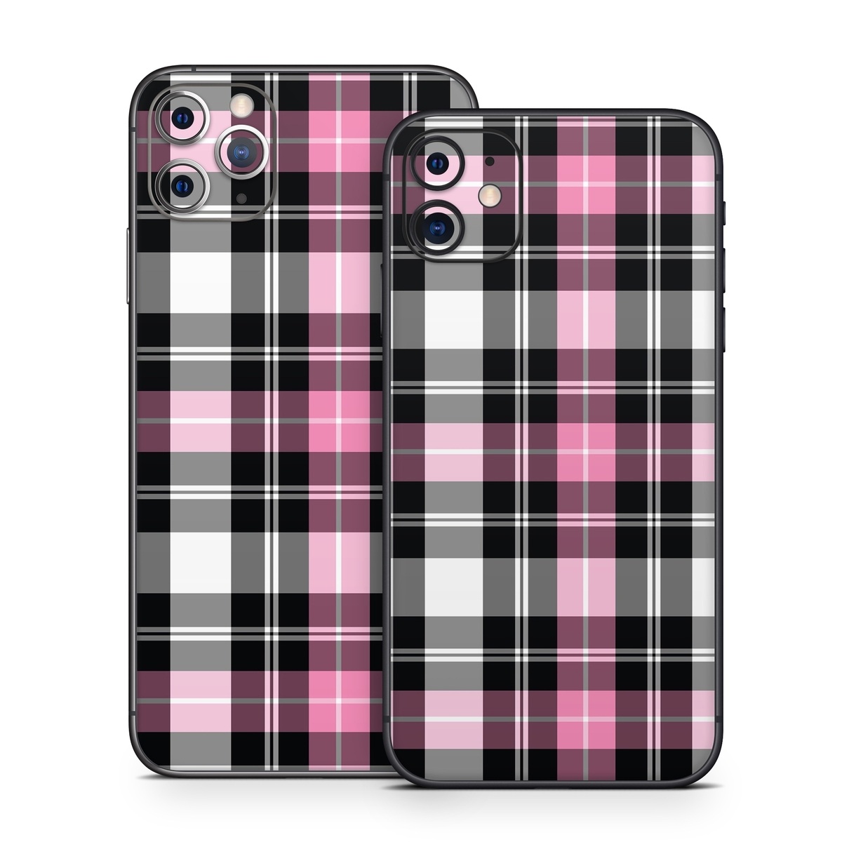 iPhone 11 Series Skin design of Plaid, Tartan, Pattern, Pink, Purple, Violet, Line, Textile, Magenta, Design, with black, gray, pink, red, white, purple colors