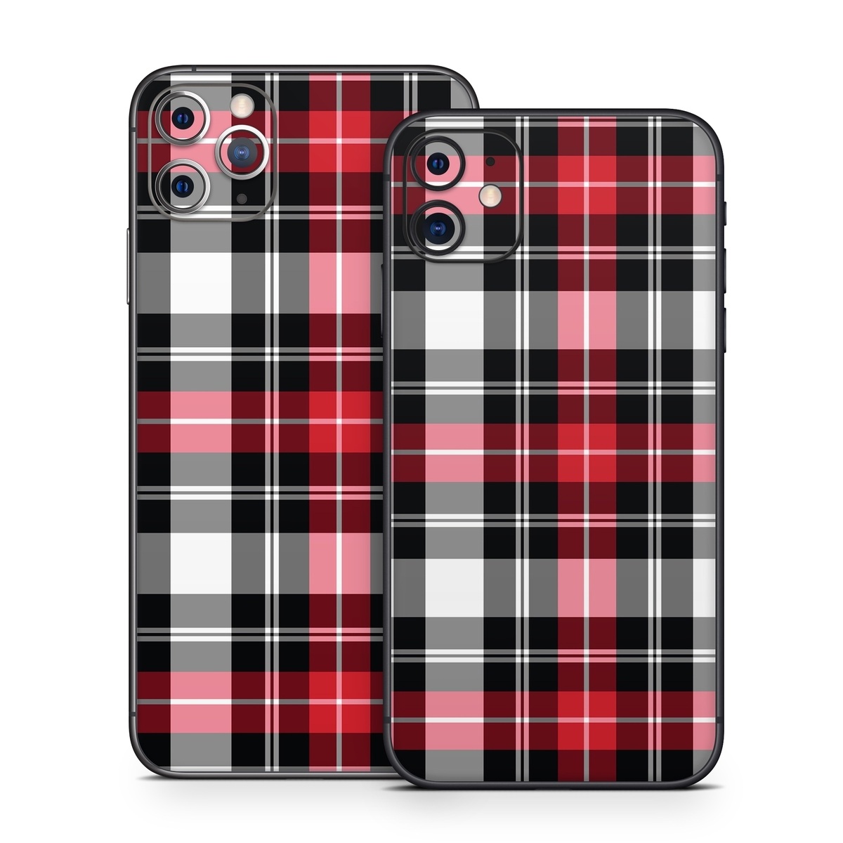 iPhone 11 Series Skin design of Plaid, Tartan, Pattern, Red, Textile, Design, Line, Pink, Magenta, Square, with black, gray, pink, red, white colors