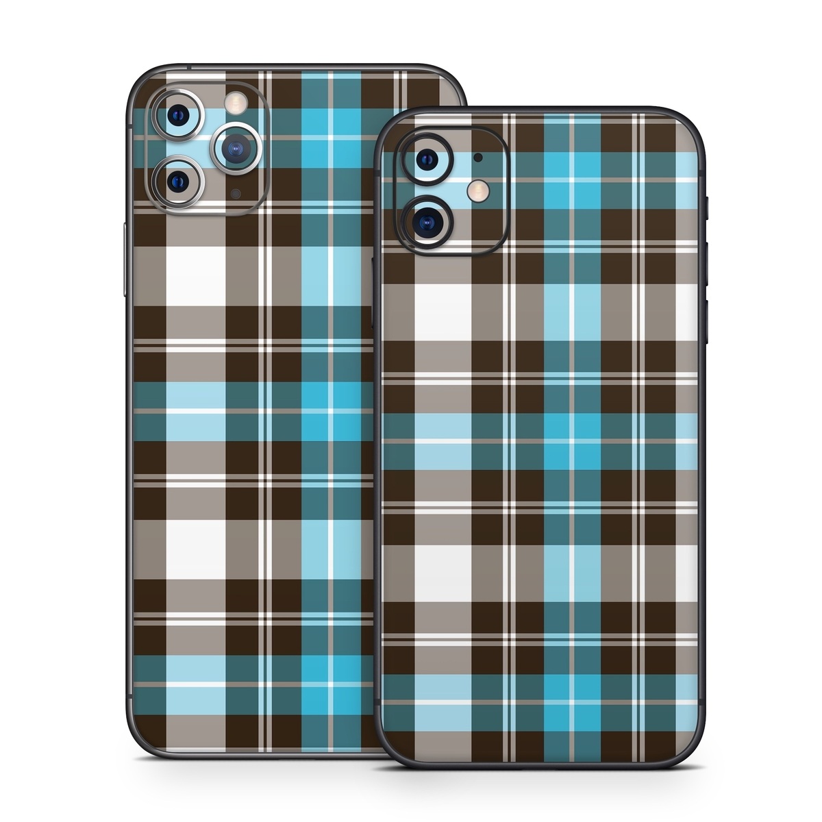 iPhone 11 Series Skin design of Plaid, Pattern, Tartan, Turquoise, Textile, Design, Brown, Line, Tints and shades, with gray, black, blue, white colors