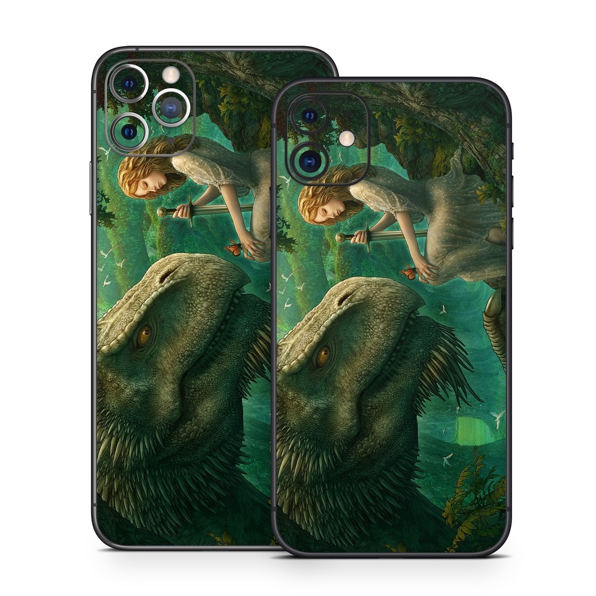 iPhone 11 Series Skin design of Dinosaur, Cg artwork, Mythology, Fictional character, Troodon, Extinction, Velociraptor, Illustration, Animated cartoon, Tyrannosaurus, with black, green, gray, red colors