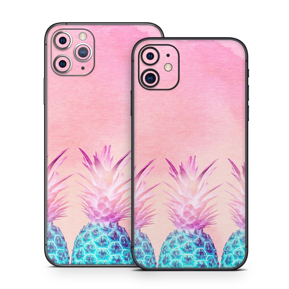 iPhone 11 Series Skin design of Pineapple, Ananas, Pink, Fruit, Plant, Bromeliaceae, Pattern, Poales, with pink, blue, orange colors