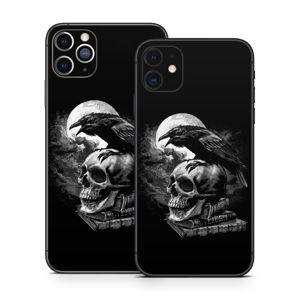 iPhone 11 Series Skin design of Bone, Skull, Bird, Darkness, Monochrome, Wing, Black-and-white, Illustration, Beak, Fictional Character, Drawing, Symbol, with black, white, gray colors