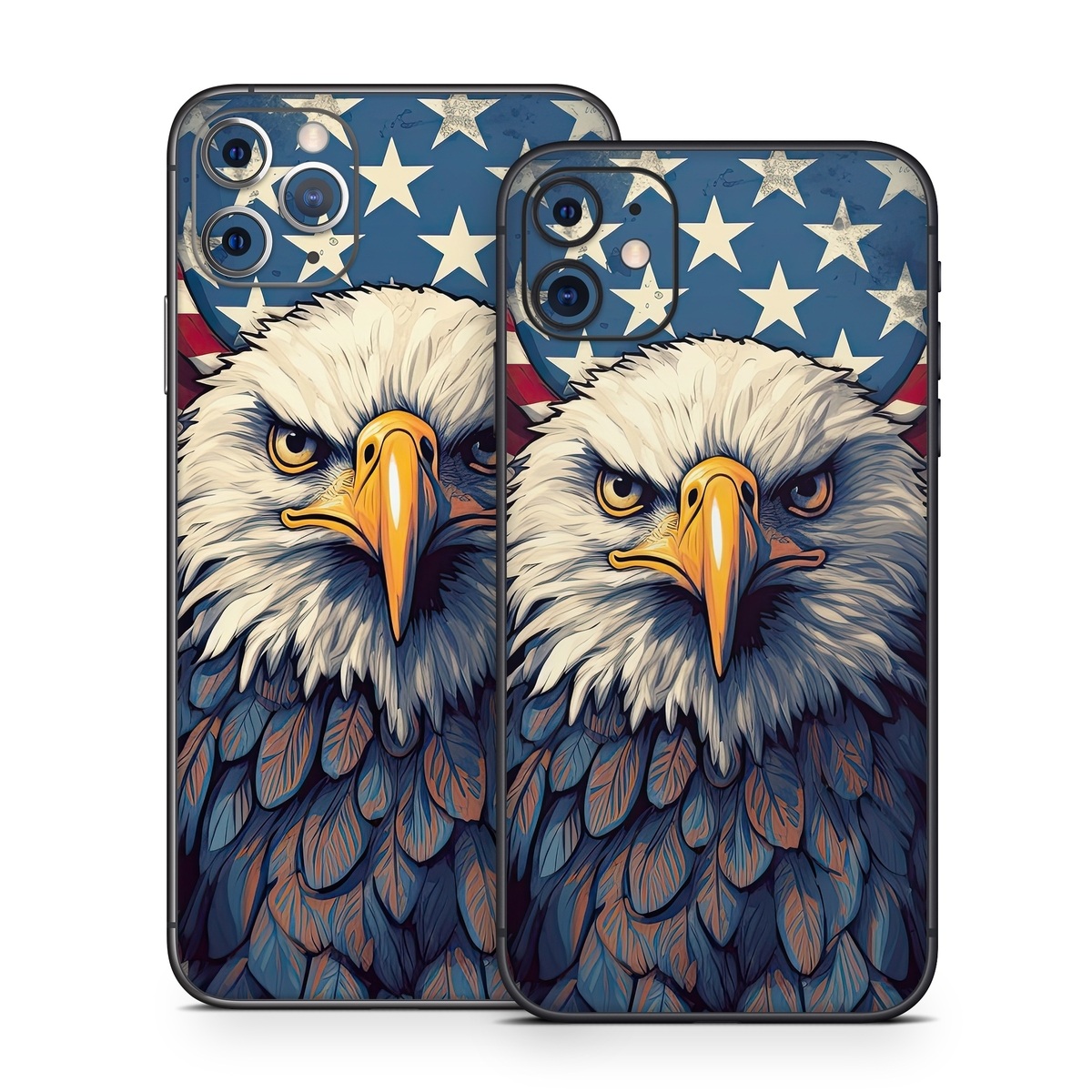 iPhone 11 Series Skin design of Bird, Accipitridae, Beak, Sea eagle, Falconiformes, Feather, Eagle, Painting, Art, Bald eagle, with red, blue, white, brown, yellow, gray, orange colors