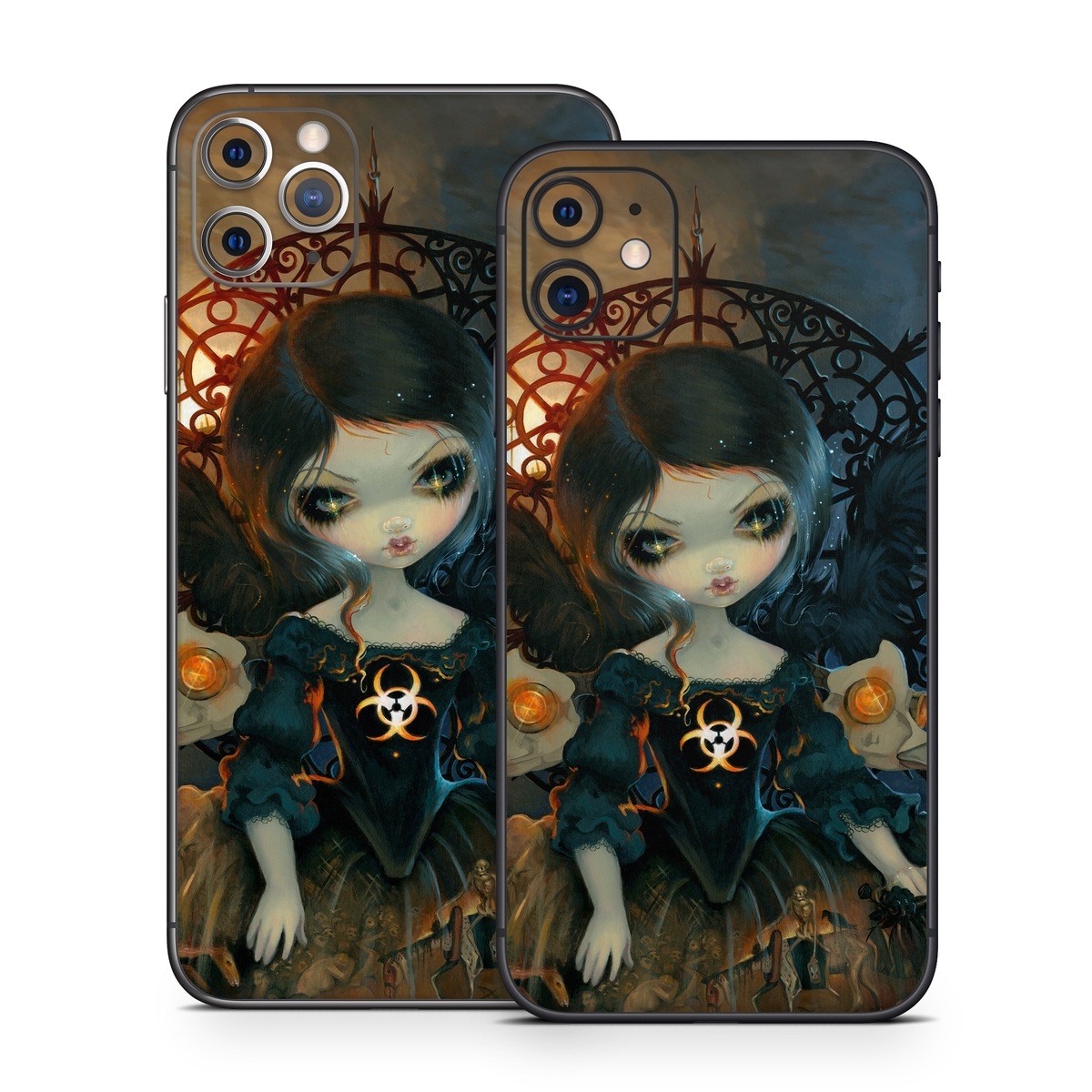 iPhone 11 Series Skin design of Doll, Head, Illustration, Eye, Cg artwork, Fictional character, Toy, Iris, Art, Mythology, with brown, red, black, orange, blue, yellow colors