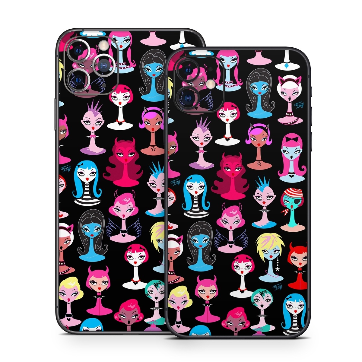 iPhone 11 Series Skin design of Facial expression, Product, Font, Pink, Red, Magenta, Material property, Pattern, Fictional character, Illustration, with black, pink, blue, brown, red, green, white, yellow colors