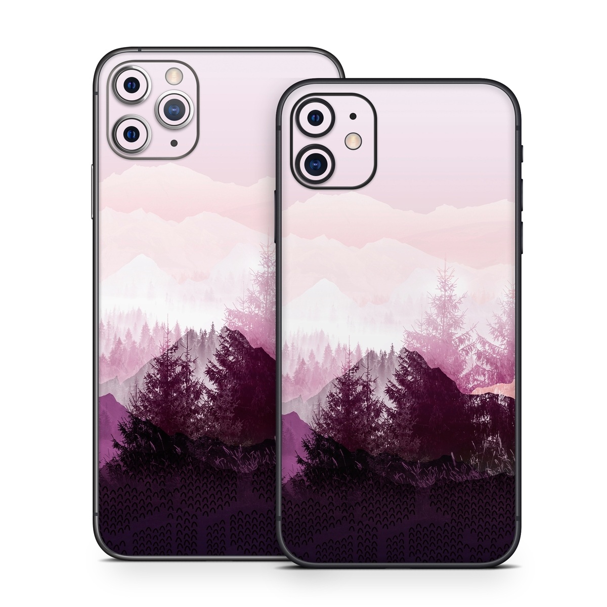 iPhone 11 Series Skin design of Sky, Purple, Atmospheric phenomenon, Pink, Natural landscape, Violet, Mountain, Tree, Morning, Mountain range, with white, purple, black, pink colors