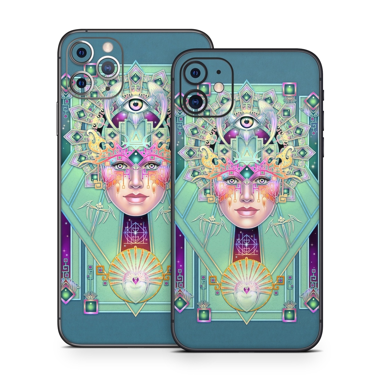 iPhone 11 Series Skin design of Head, Eye, Eyelash, Font, Art, Magenta, Rectangle, Painting, Illustration, Pattern, with blue, green, yellow, red, purple, white colors